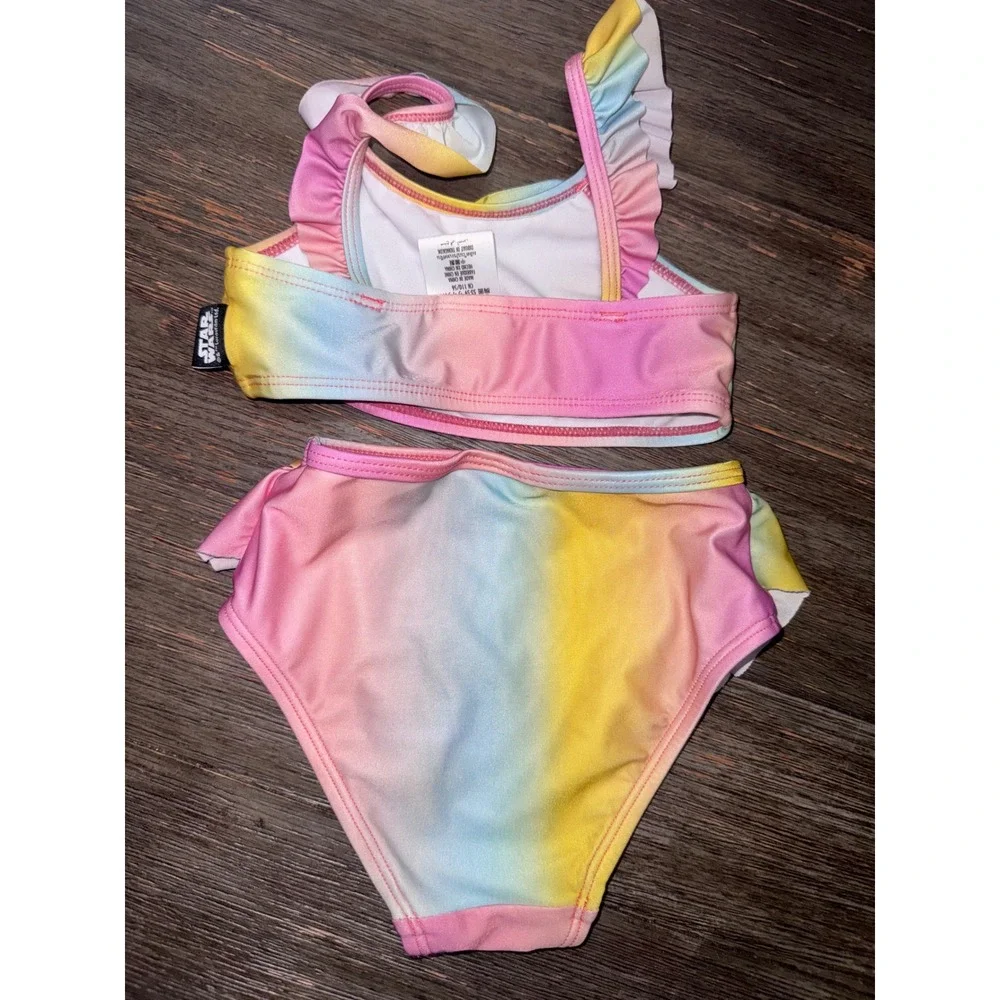 Disney Star Wars Grogu Baby Yoda Girls Rainbow Ombre Ruffle Swimsuit Size 4